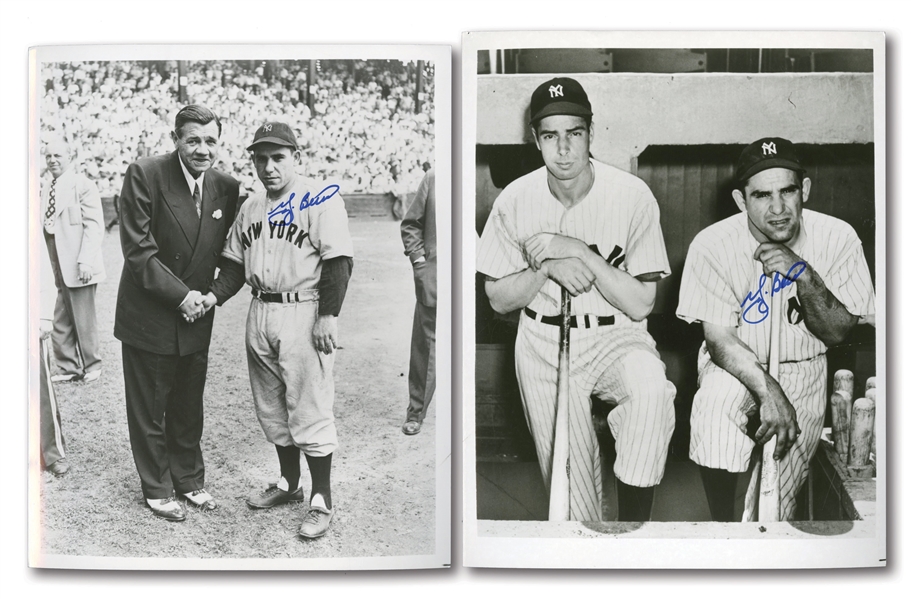 LOT OF (6) YANKEE HOFERS SINGLE SIGNED 8x10 PHOTOS INCL. DIMAGGIO, BERRA (2) & DICKEY (3) - EACH ALONGSIDE FELLOW NYY LEGENDS (RUTH & GEHRIG)